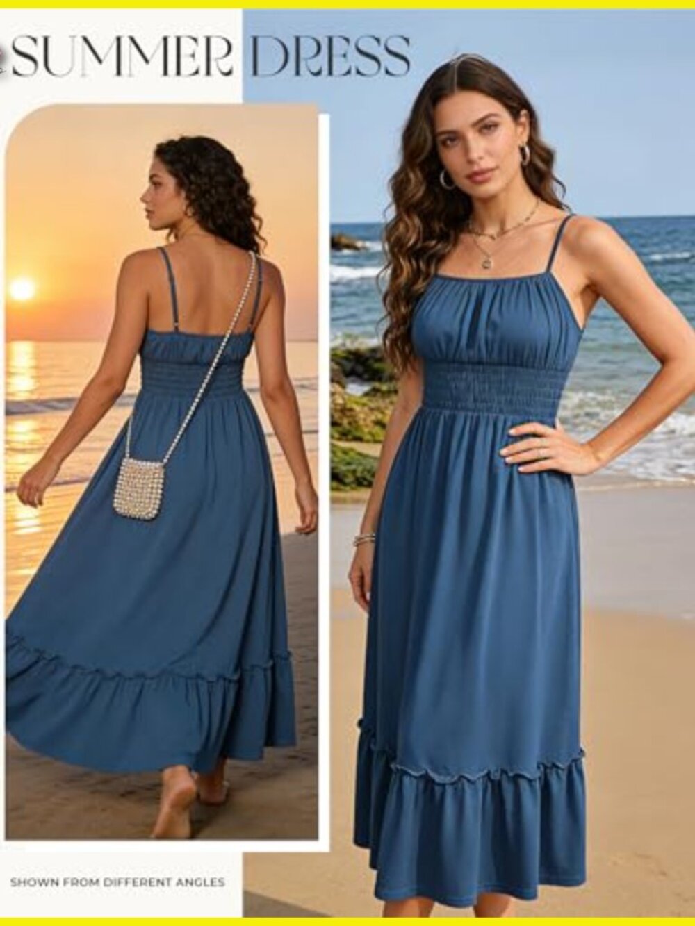 Summer Maxi Dress Smocked Ruched Bust Adjustable Straps Pockets Beach Vacation - Picture 2 of 7